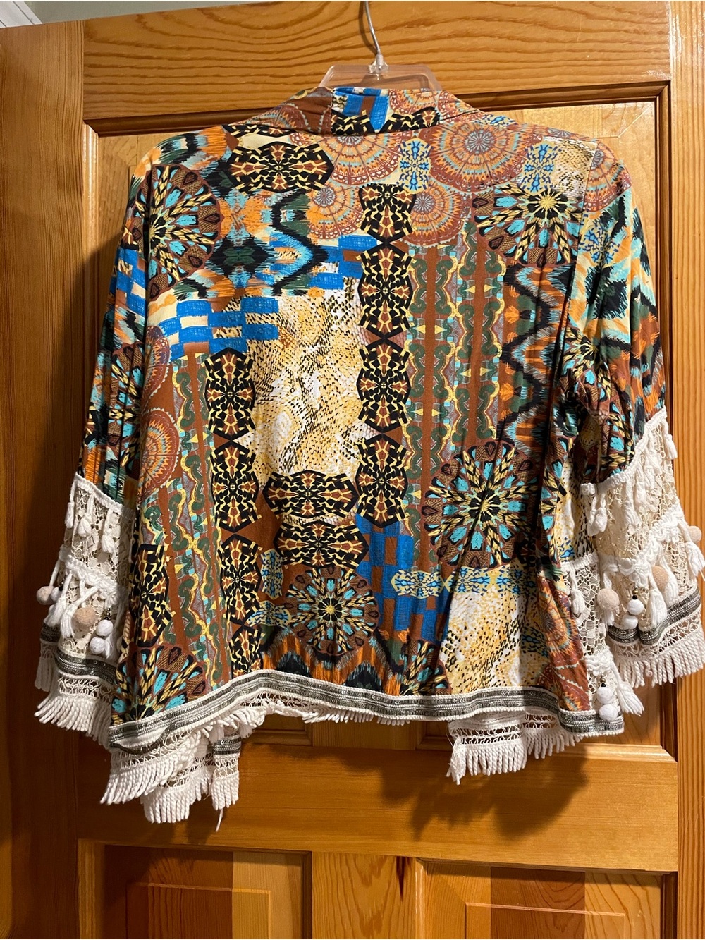 Boho Patchwork Fringe Kimono Jacket - Multicolor Blue & Brown